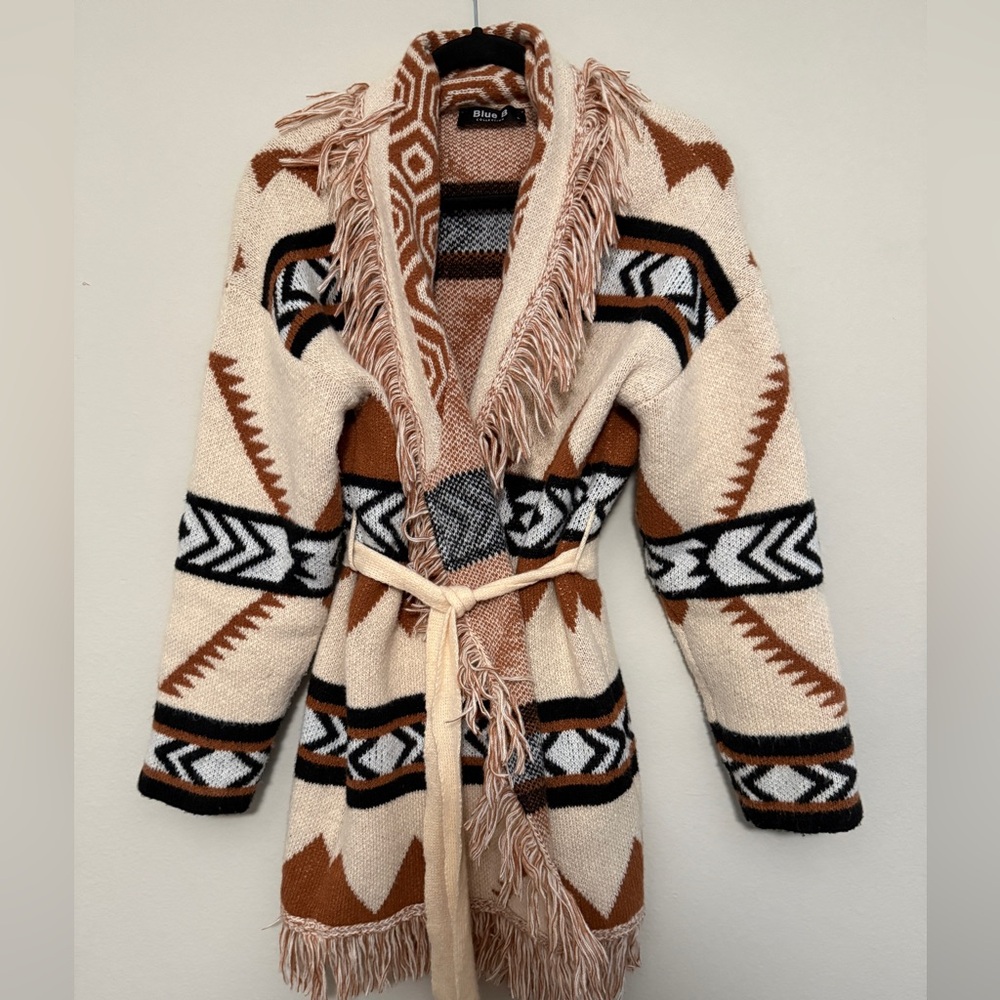 Blue B size L Cardigan Aztec pattern Cream, Brown, Black